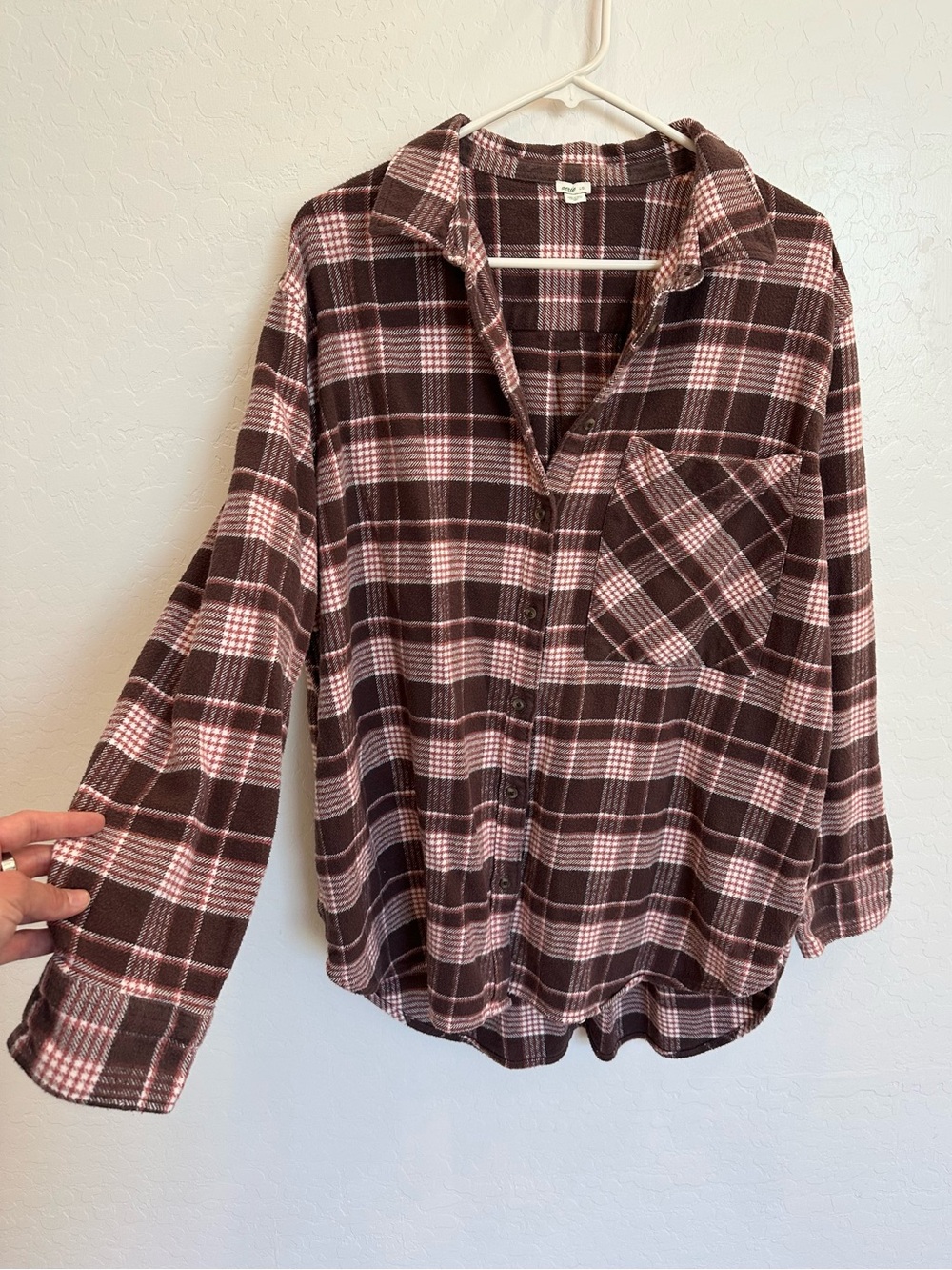 aerie Brown and Pink Plaid Button-Up Shacket Flannel